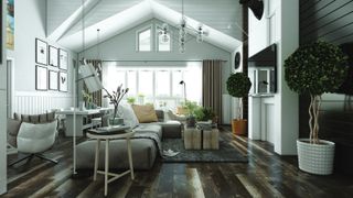 open plan living room with vaulted ceiling, dark tiled floor and comfy seating