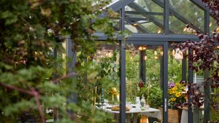 Painted grey conservatory surrounded by greenery